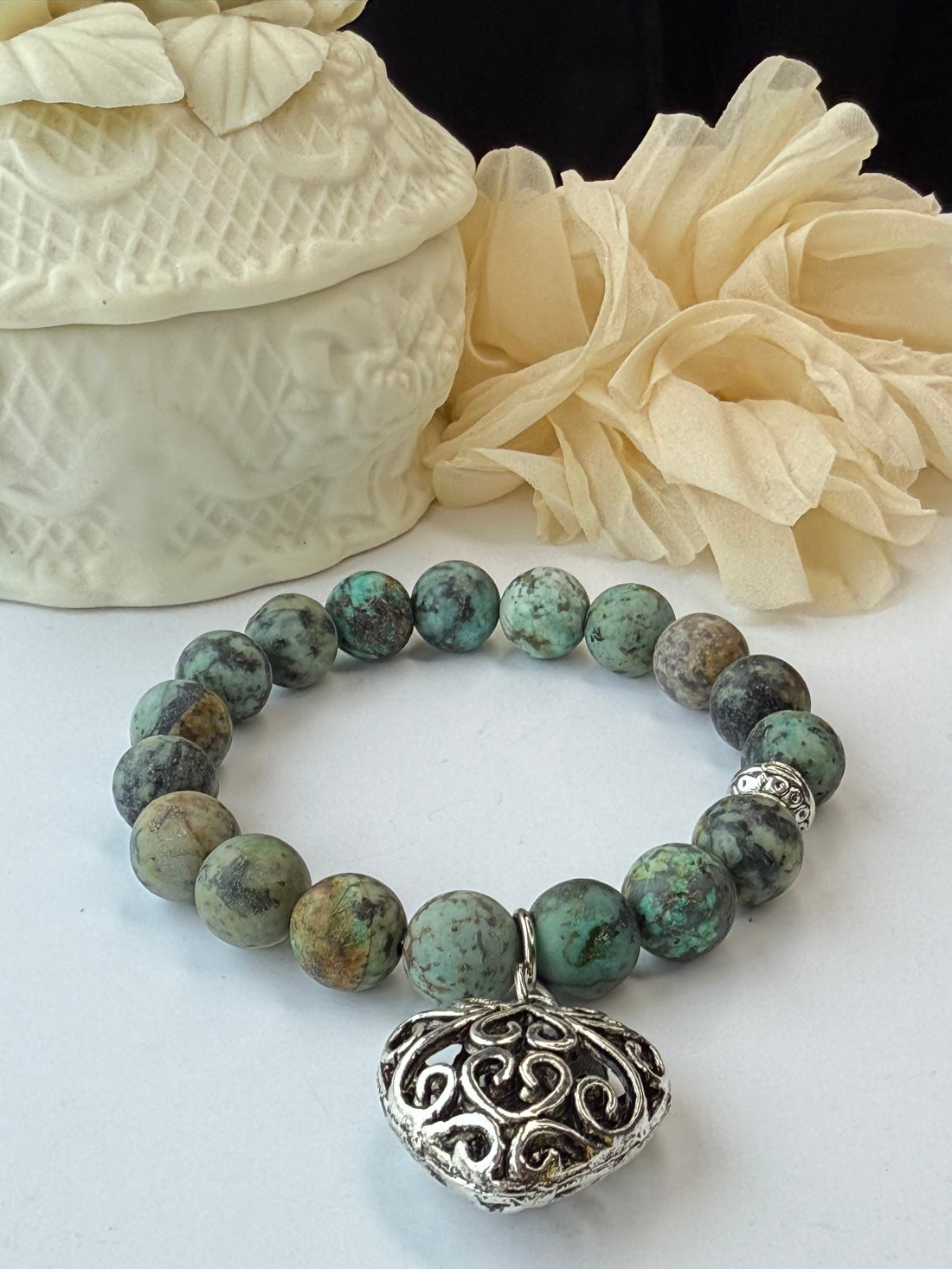 African Turquoise with Silver Filigree Heart Bracelet