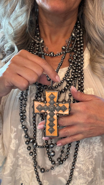Orange Cross on Multi Strand Necklace - Vintage Vault Boutique