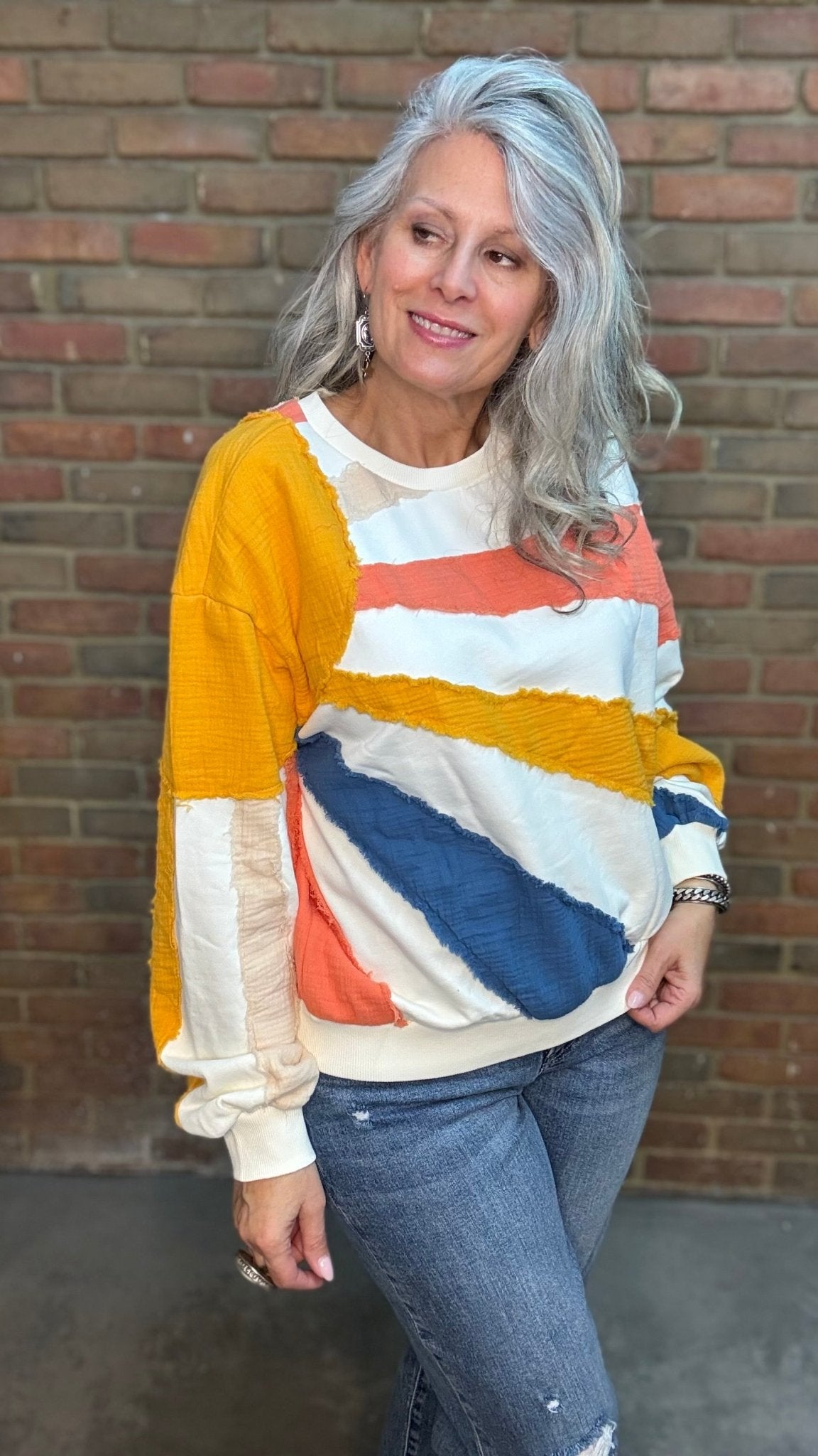 Mixed Fabric Sun Sweatshirt - Vintage Vault Boutique