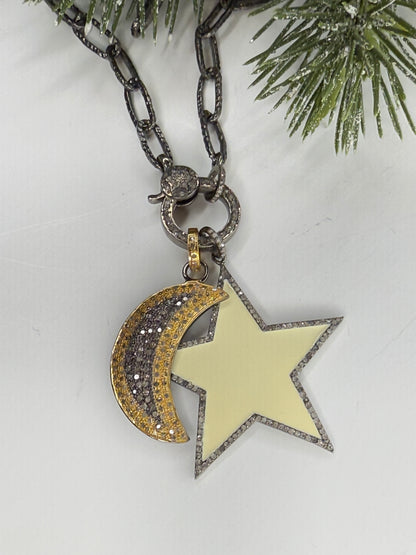 Mix Metal Pave Diamond Moon Pendant