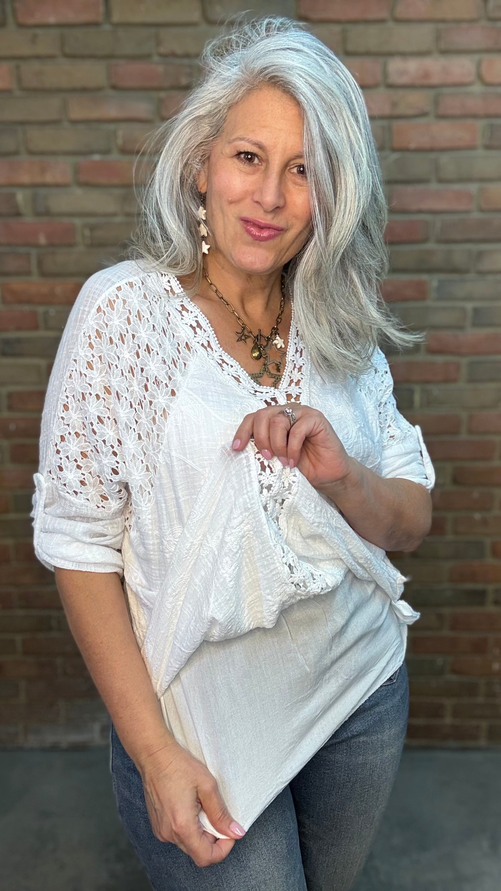 White V-Neck Embroidery Top