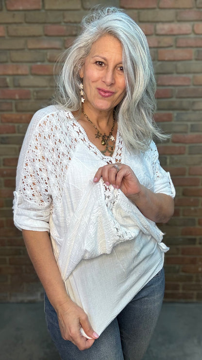 White V-Neck Embroidery Top