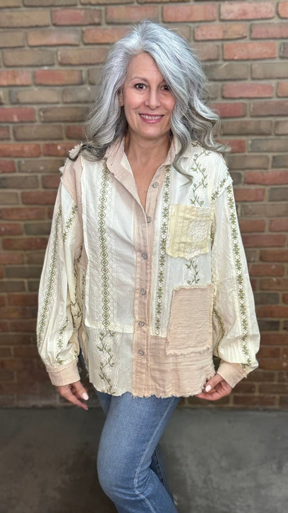 Mix Media Button Up Shirt - Vintage Vault Boutique