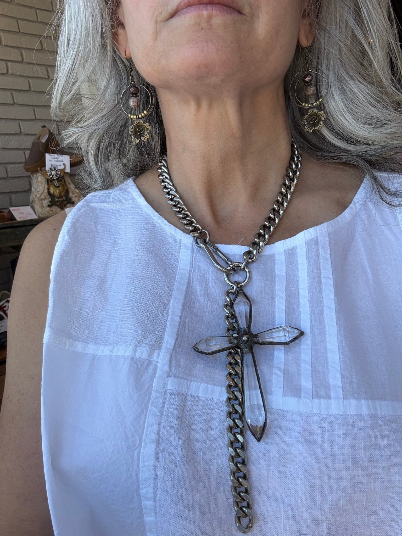 Large Crystal Cross on Curb Chain Necklace - Vintage Vault Boutique