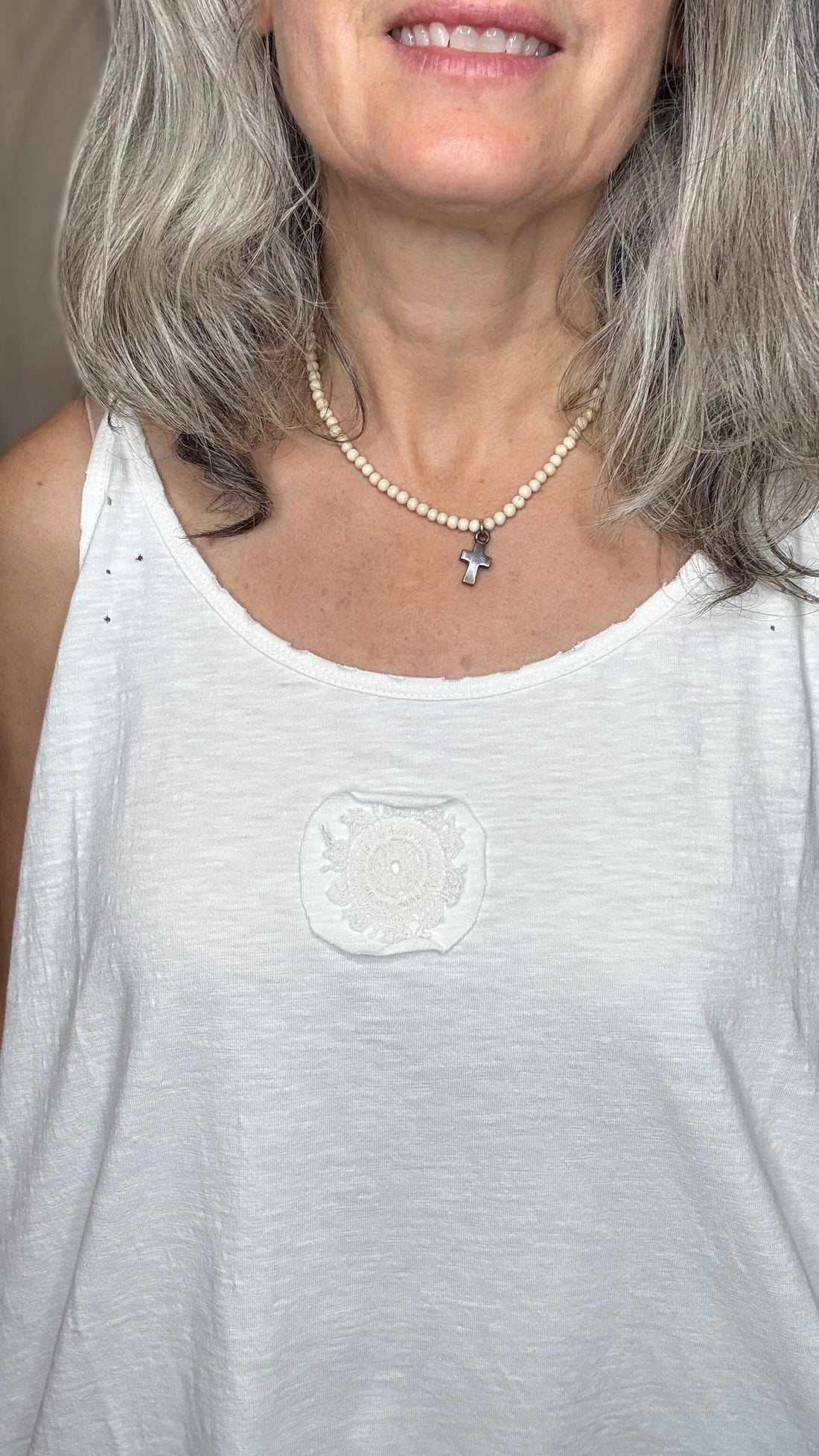 Cream Cami with Lace Inset and Raw Edges