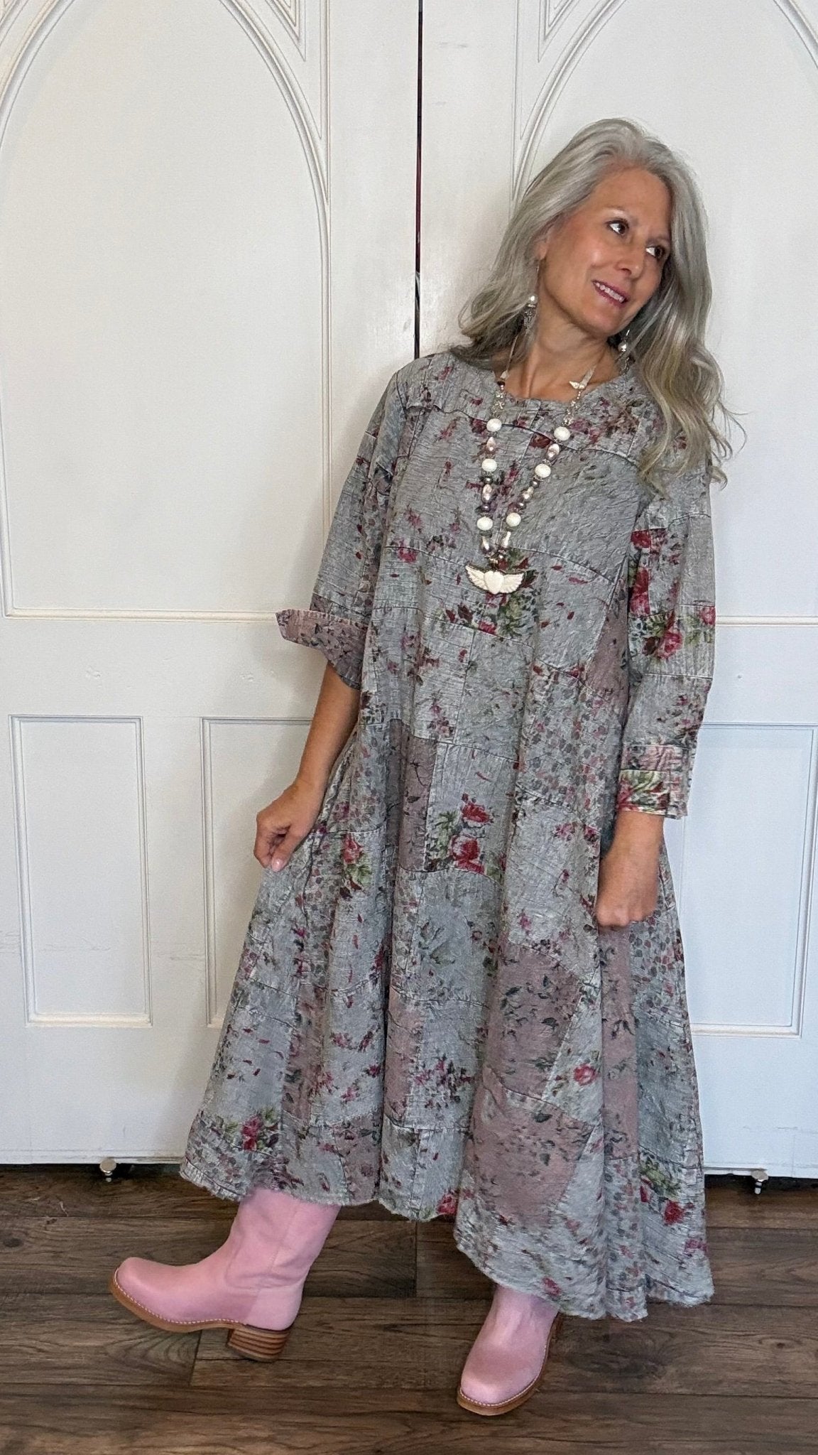 Floral Patchwork Long Cotton Dress - Vintage Vault Boutique