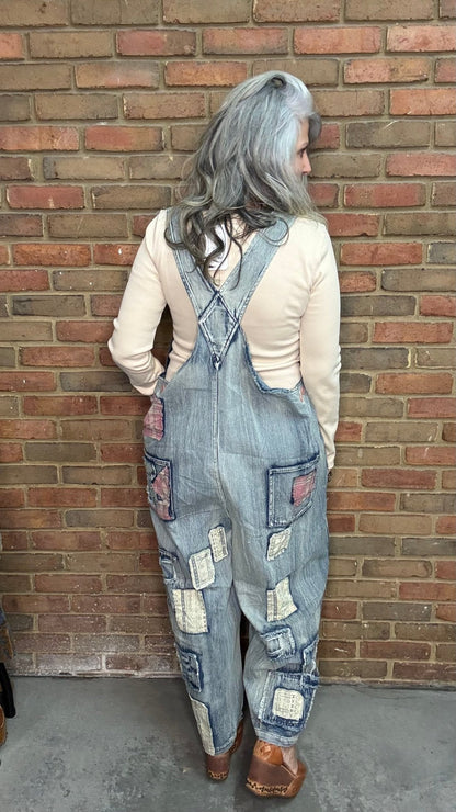 Embroidered Patchwork Denim Overalls - Vintage Vault Boutique