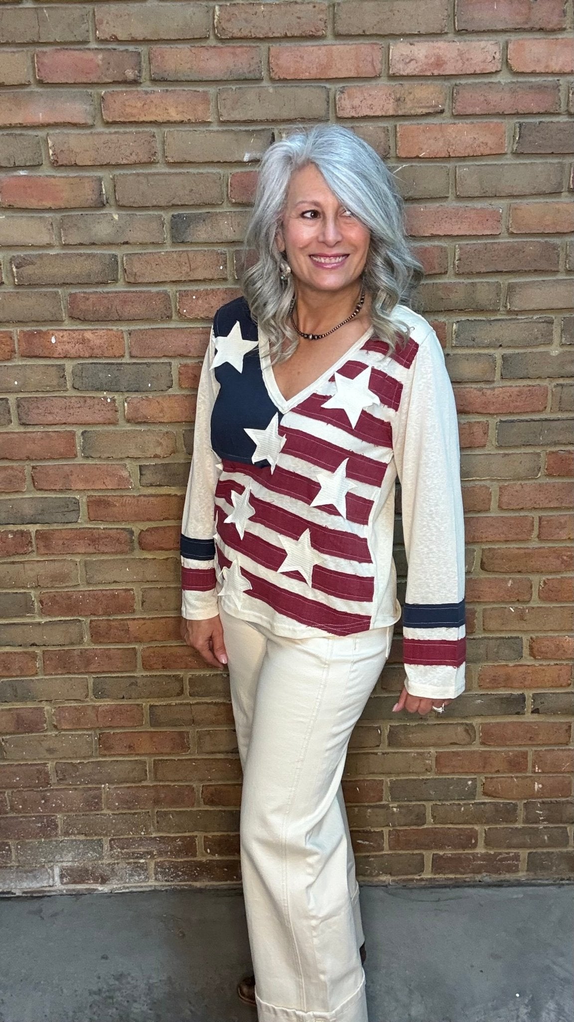 American Flag V - Neck Long Sleeve Top - Vintage Vault Boutique