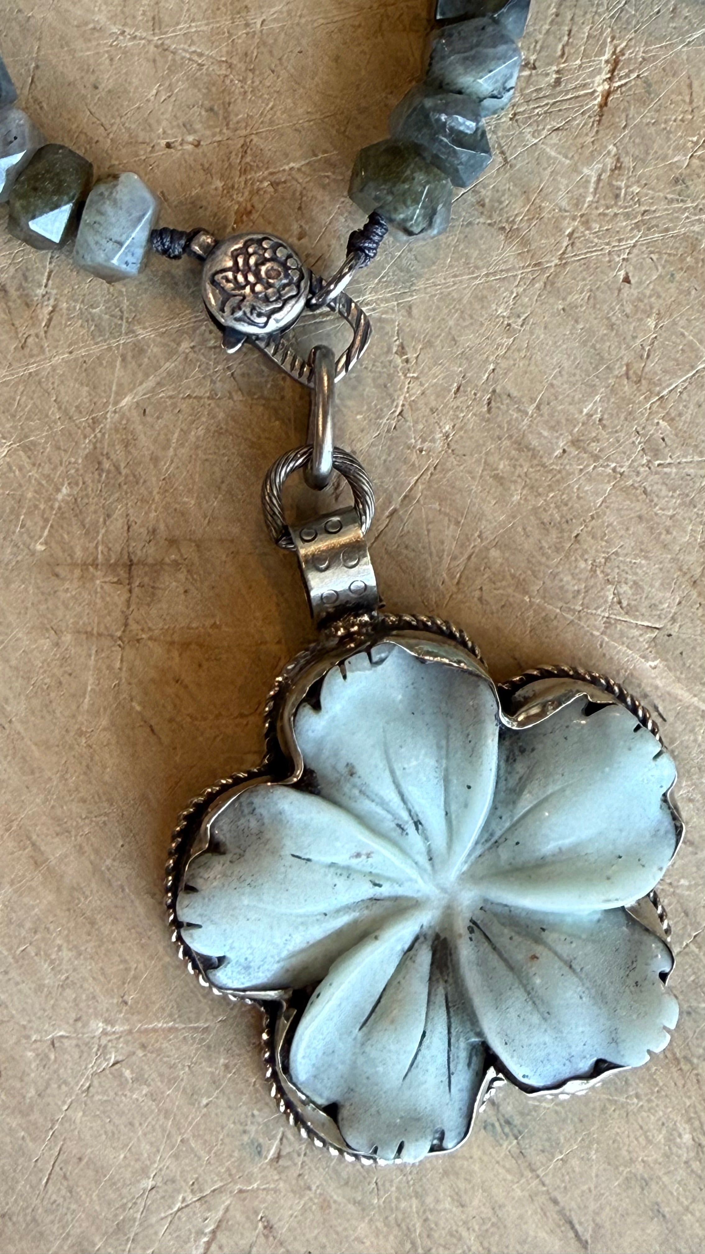 Amazonite Flower on Labradorite Beaded Charm Holder Necklace