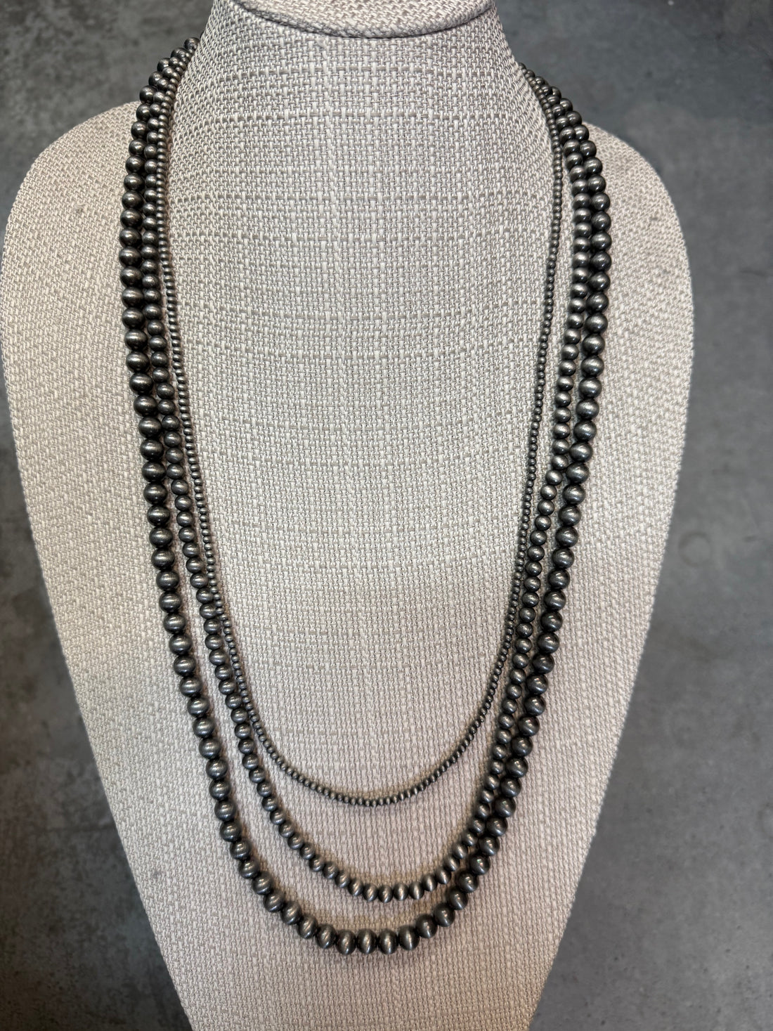 Triple Stand Pewter Pearls Necklace