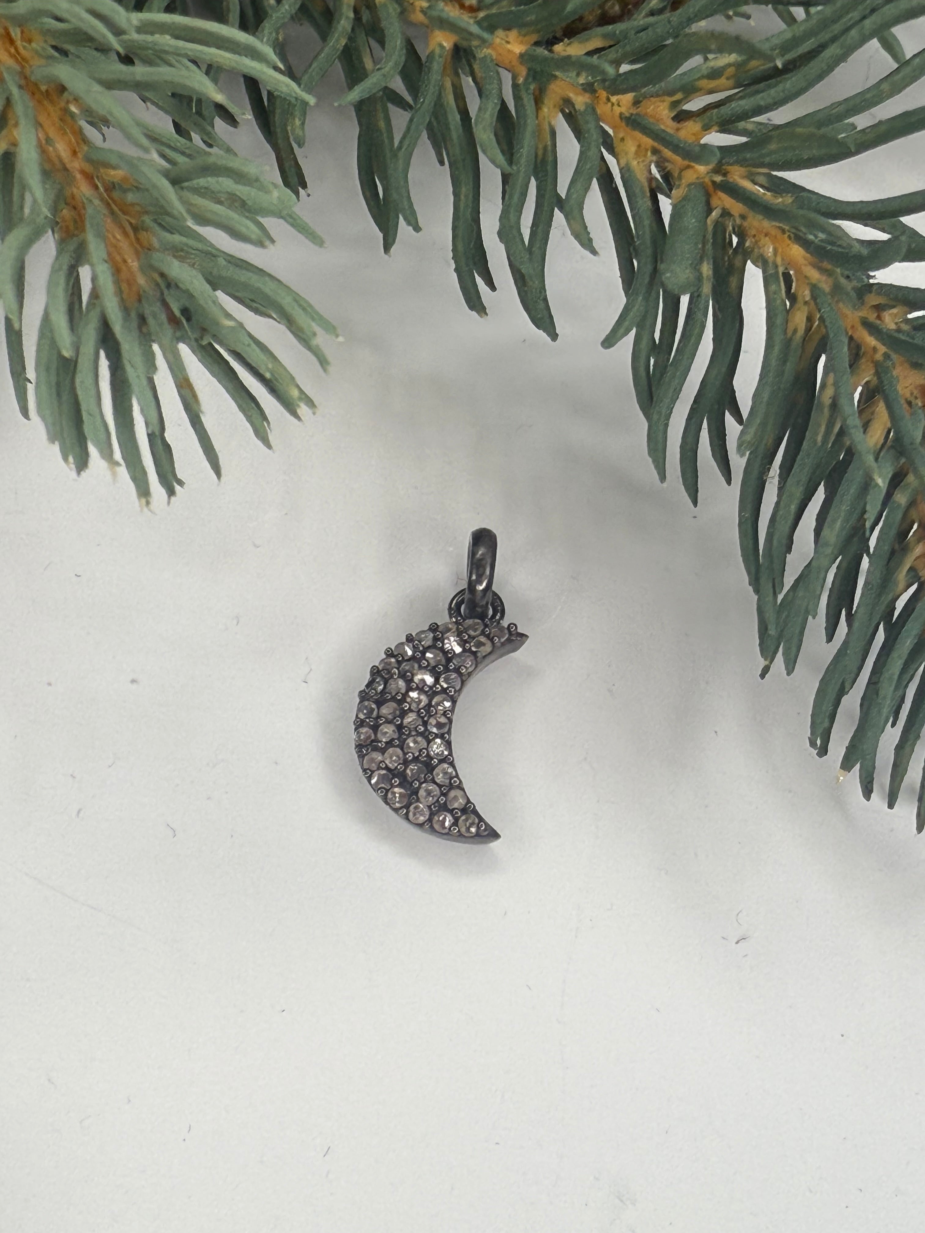 Silver crescent moon charm with diamonds on a white background with a green branch.