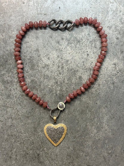 Diamond Heart on Eye Diamond Chain Holder and Pink Quartz Beaded Necklace