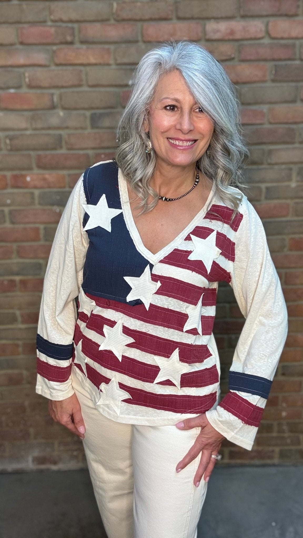 American Flag V - Neck Long Sleeve Top - Vintage Vault Boutique