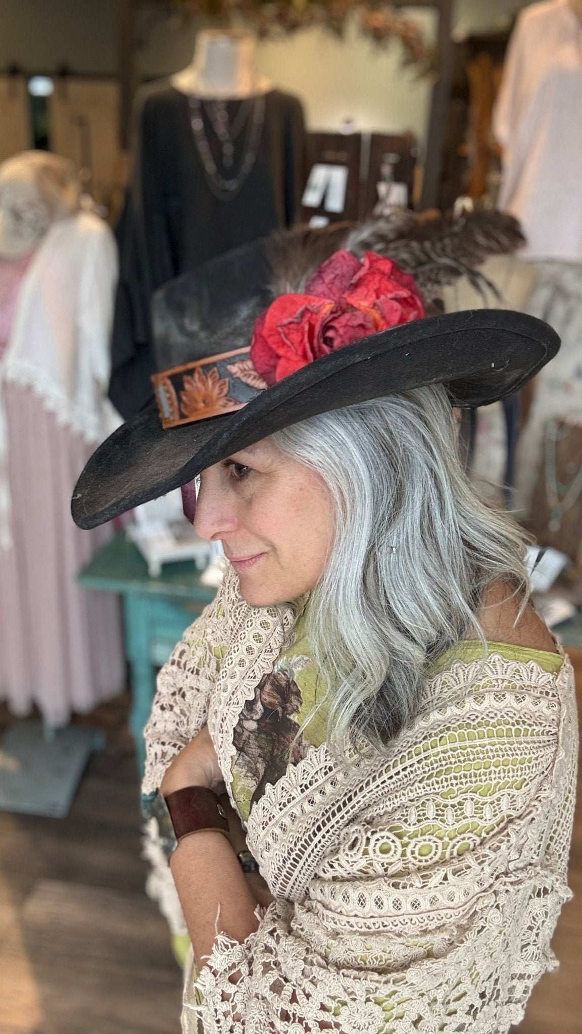 Red Rose Black Cowboy Hat by A Rare Bird - Vintage Vault Boutique