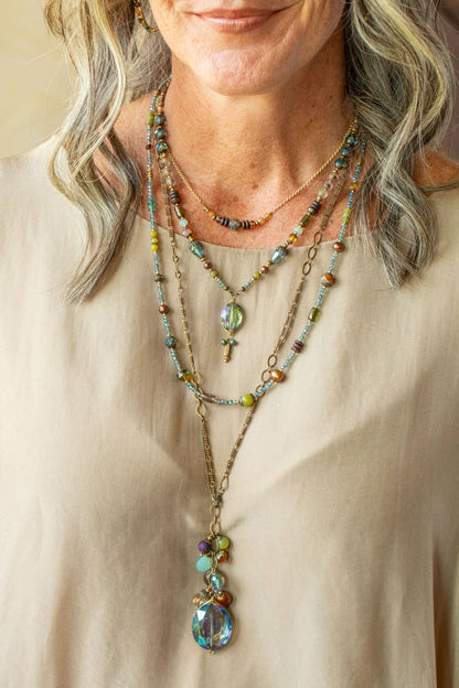 Crisp Autumn 18.5-20.5" Green Jade, Crystal, Freshwater Pearl Statement Necklace