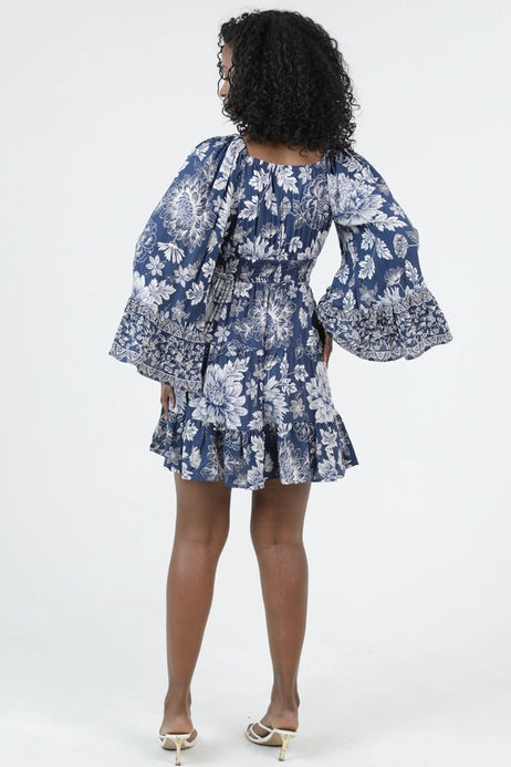 Wide Sleeve V Neck Smocked Dress