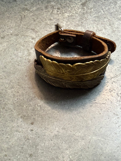 Mixed Metal Feather Leather Buckle Bracelet