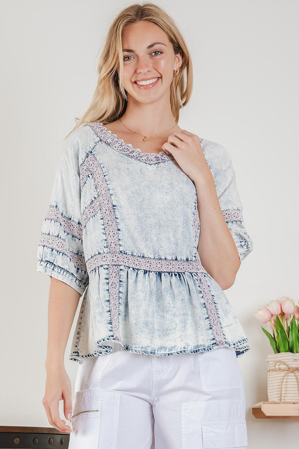 Light Denim Crochet Inset Babydoll Top 