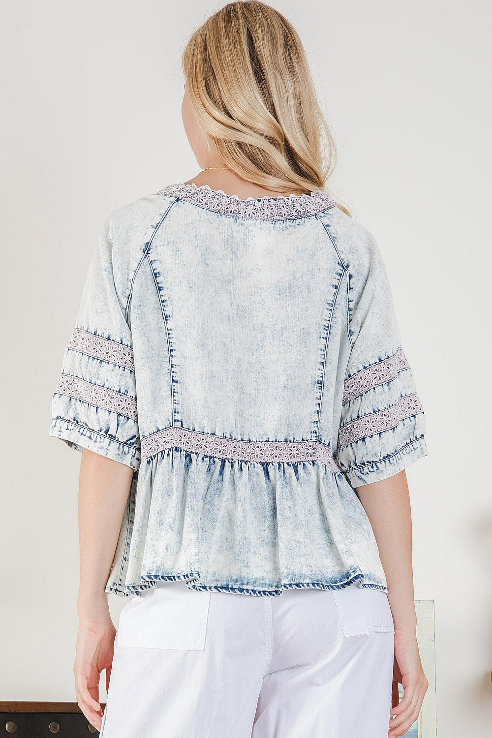 Light Denim Crochet Inset Babydoll Top 