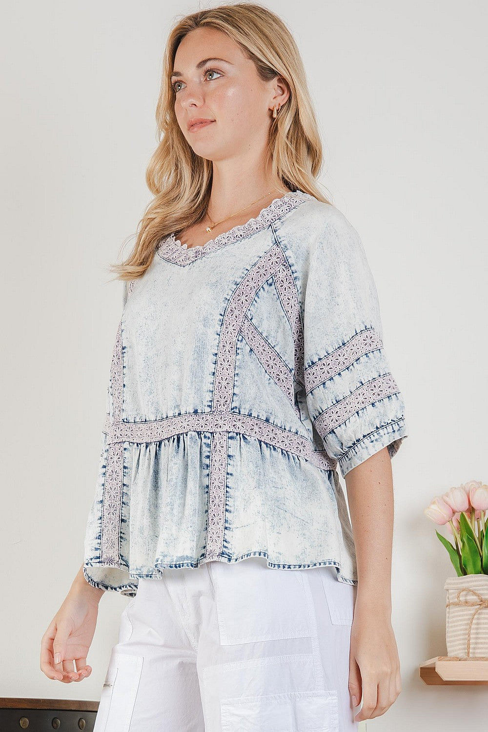 Light Denim Crochet Inset Babydoll Top 