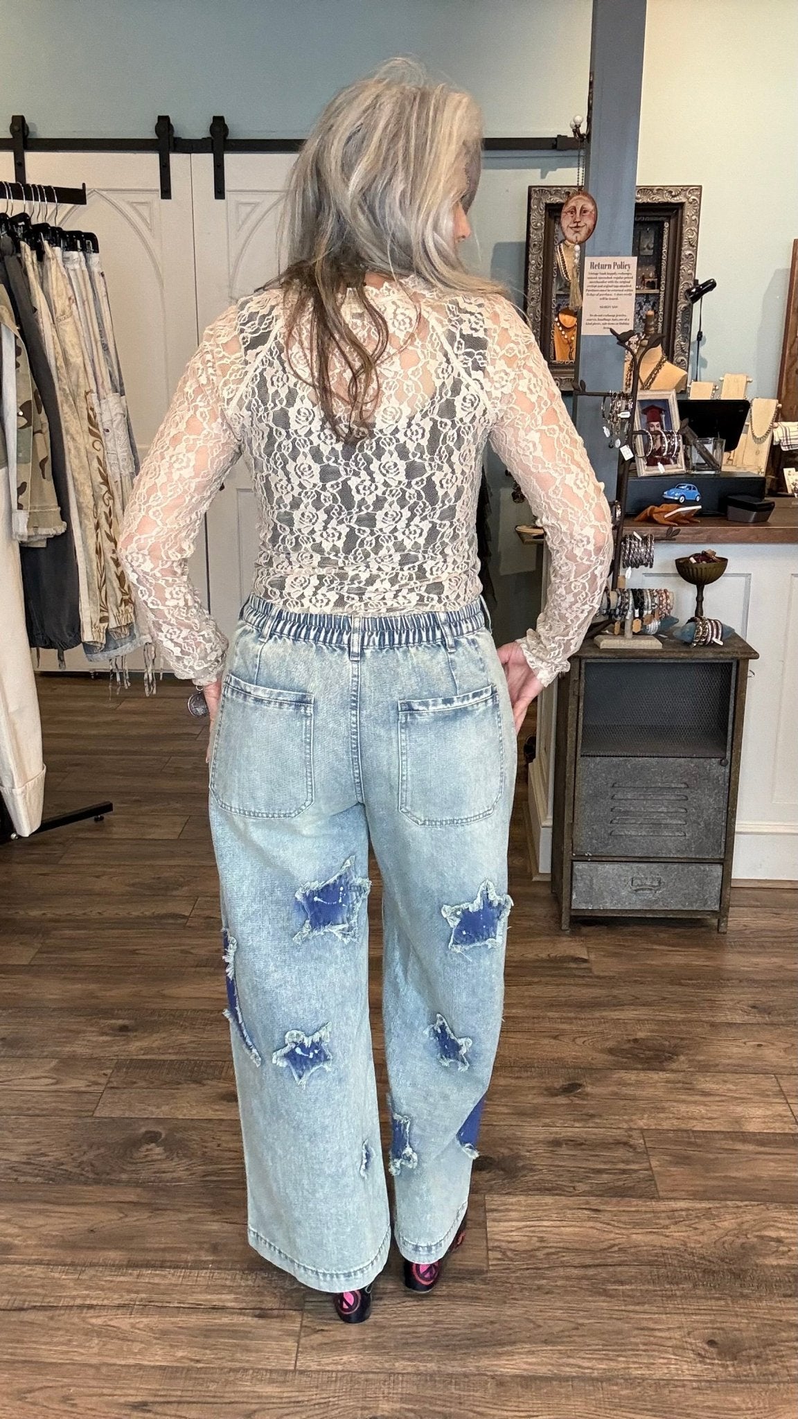 Star and Moon Wide Leg Denim Pants - Vintage Vault Boutique