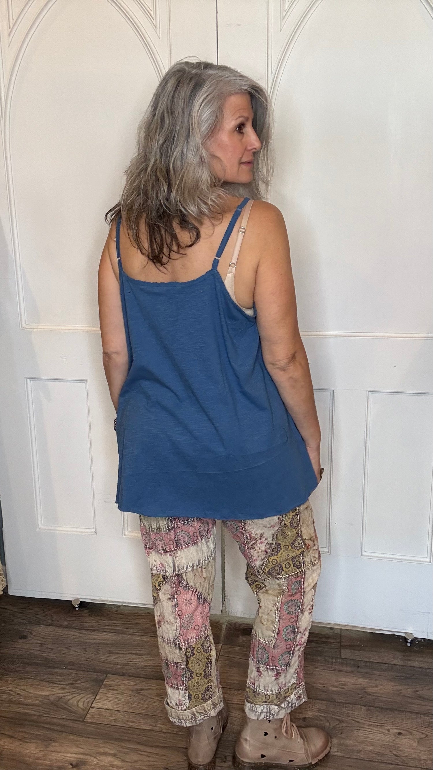Bright Blue Cami with Lace Inset and Raw Edges