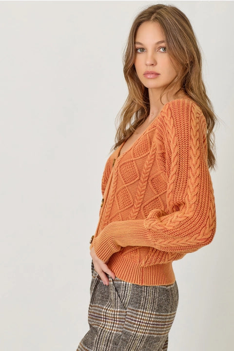 Washed Cable Knit Cardigan - Burnt Orange