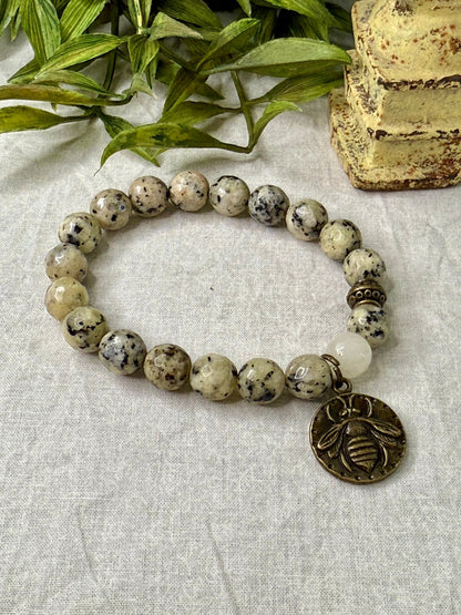 Dalmatian Jasper with Bee Drop Bracelet - Vintage Vault Boutique
