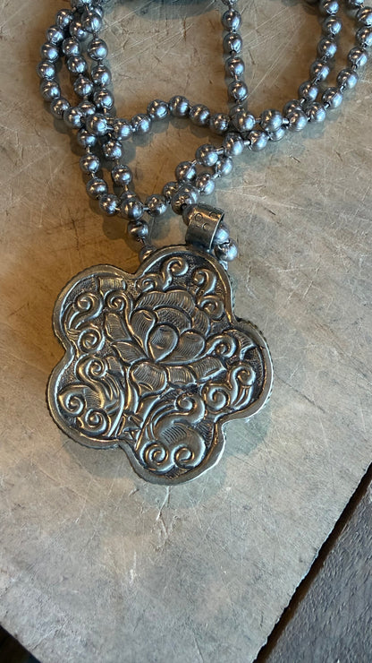 Amazonite Flower on Triple Strand Sterling Silver Ball Chain Necklace