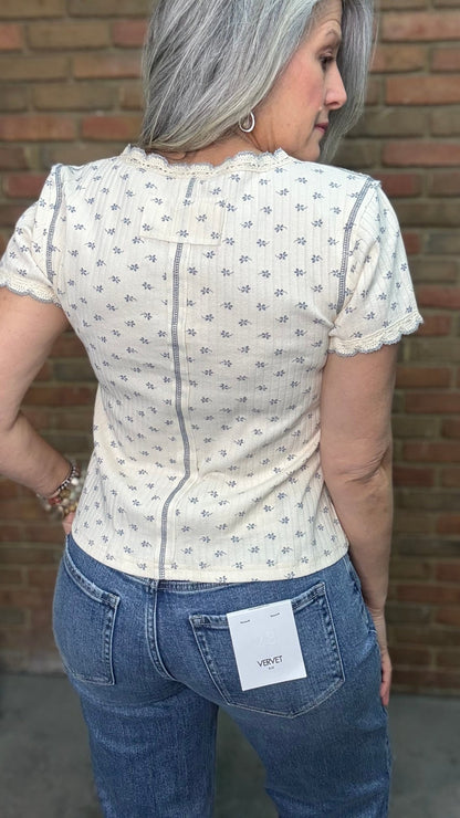 Blue Floral V - Neck Top - Vintage Vault Boutique