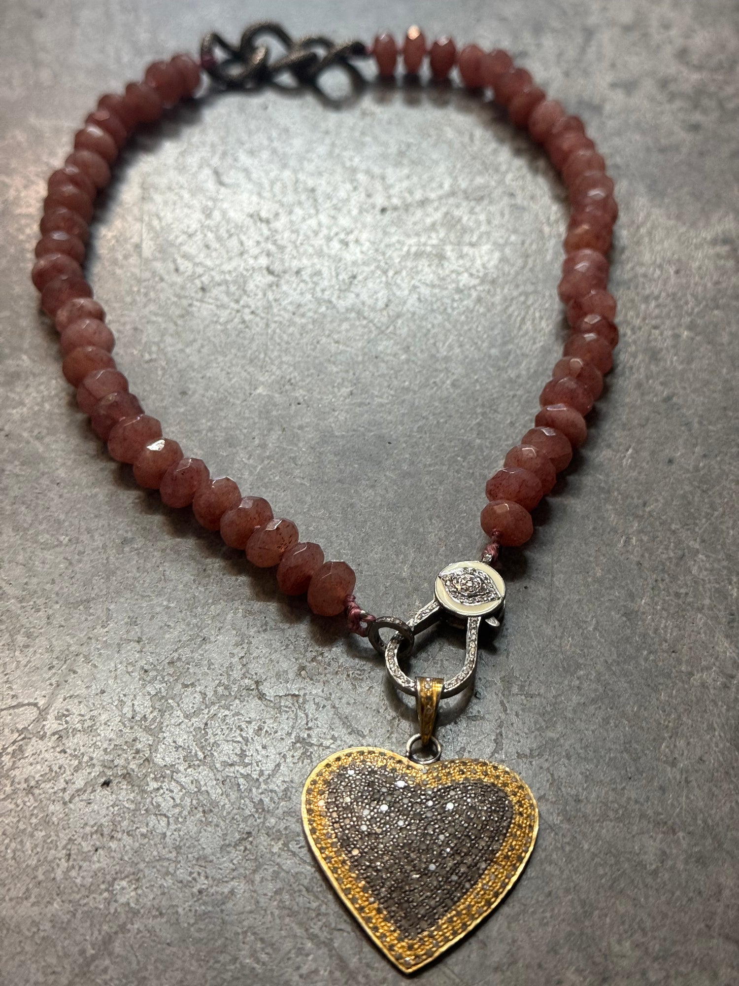Diamond Heart on Eye Diamond Chain Holder and Pink Quartz Beaded Necklace