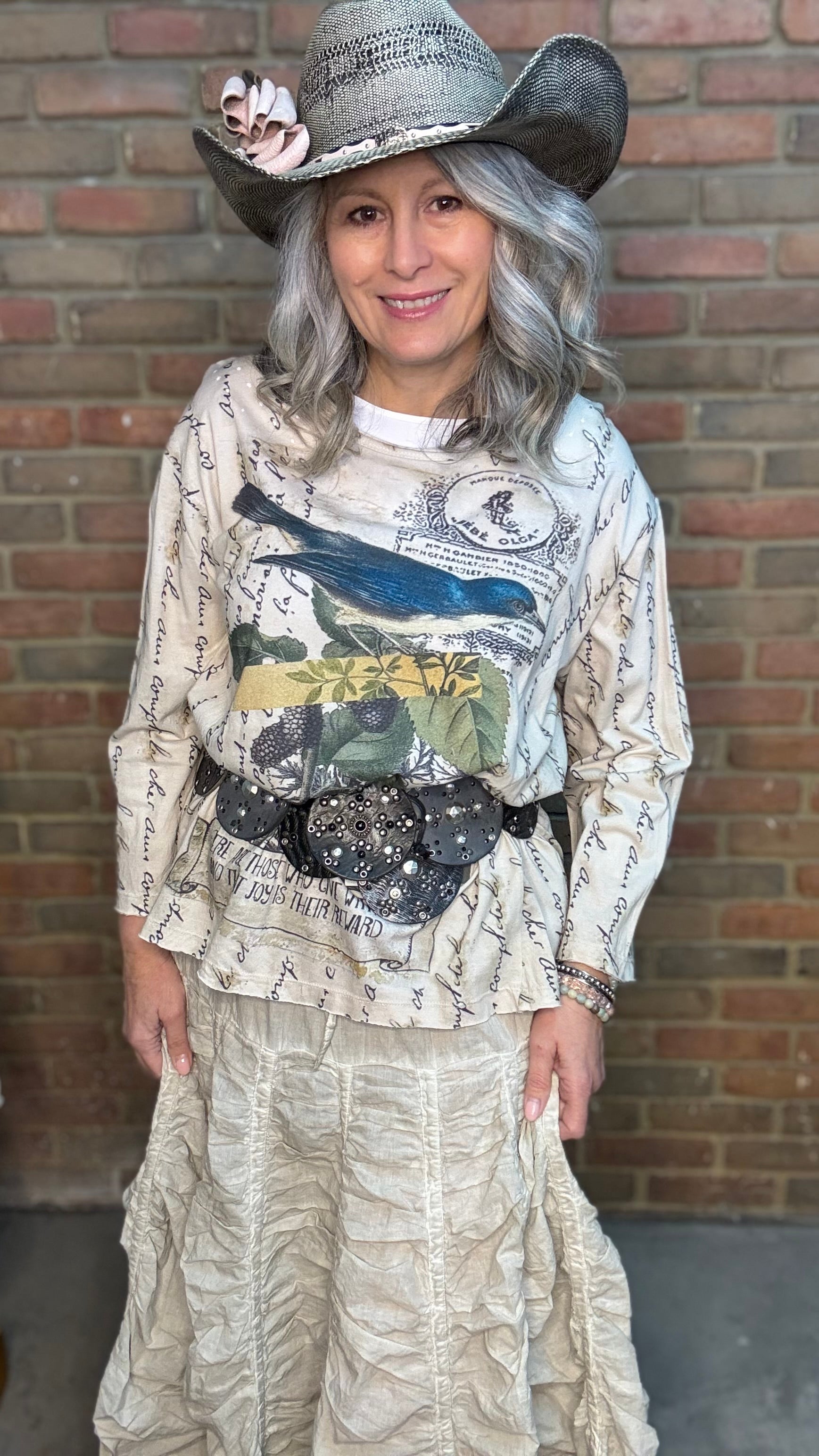 Vintage Washed Bird Print Top