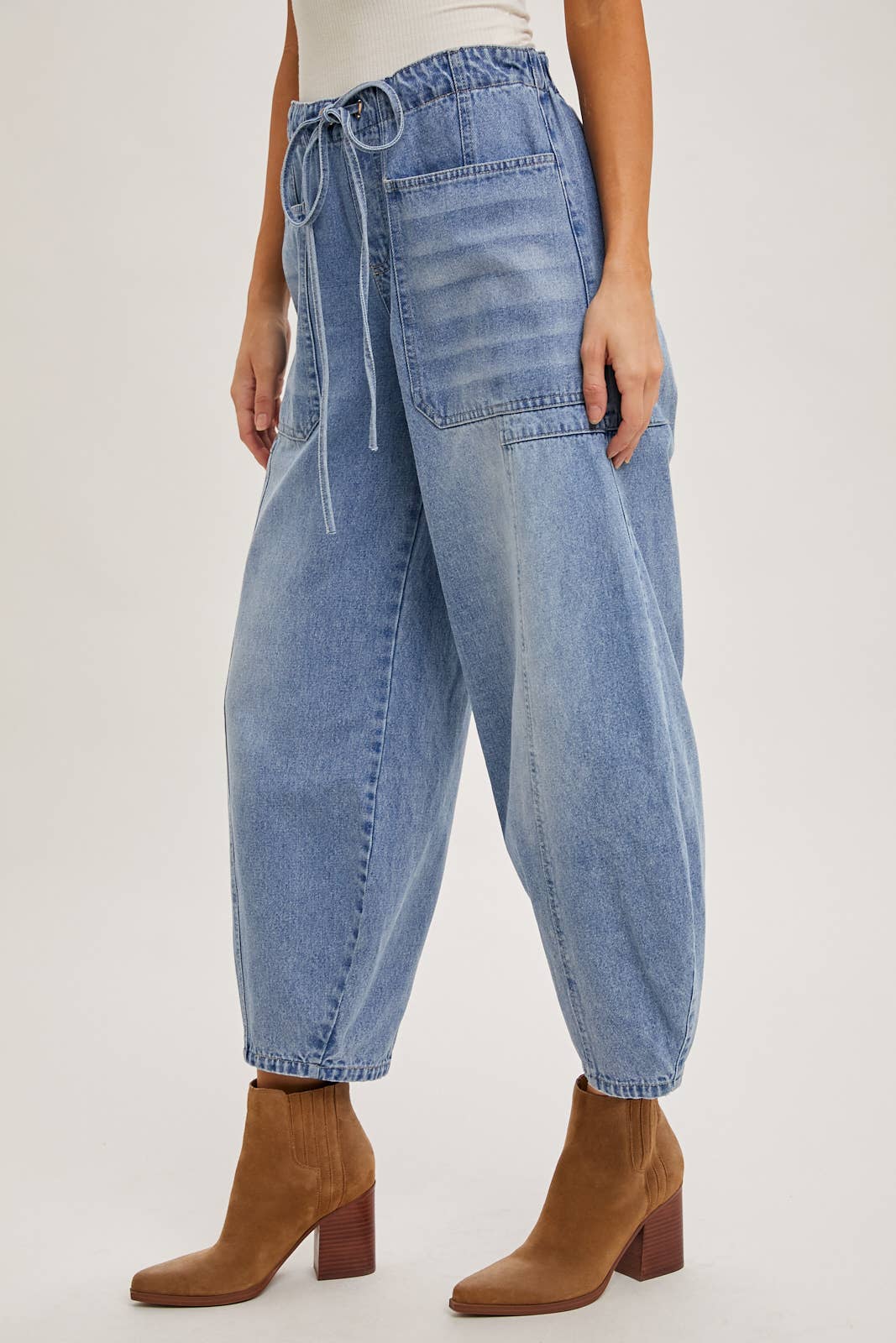 Denim Mid-Rise Drawstring Barrel Jeans