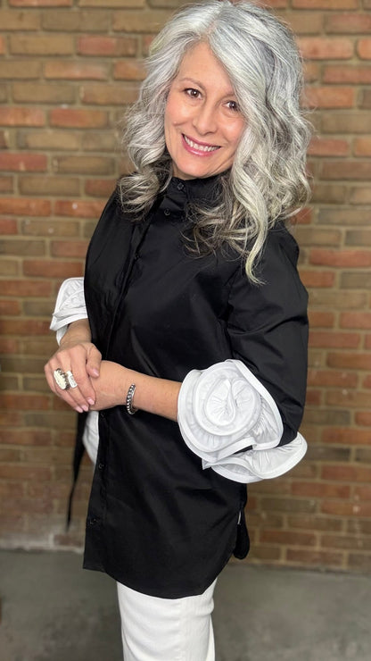Black Shirt with White Rose Cuff - Vintage Vault Boutique