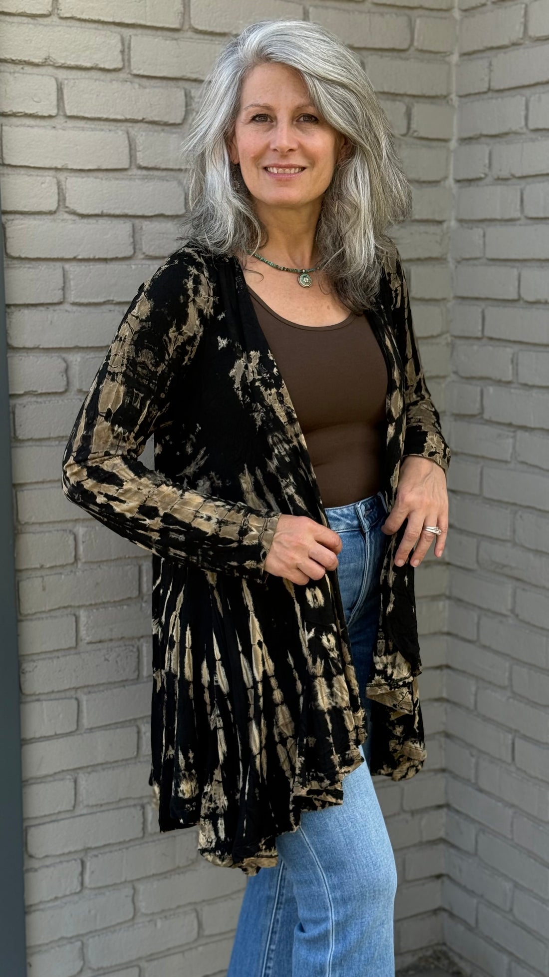 Black and Beige Tie-Dye Knit Cardigan