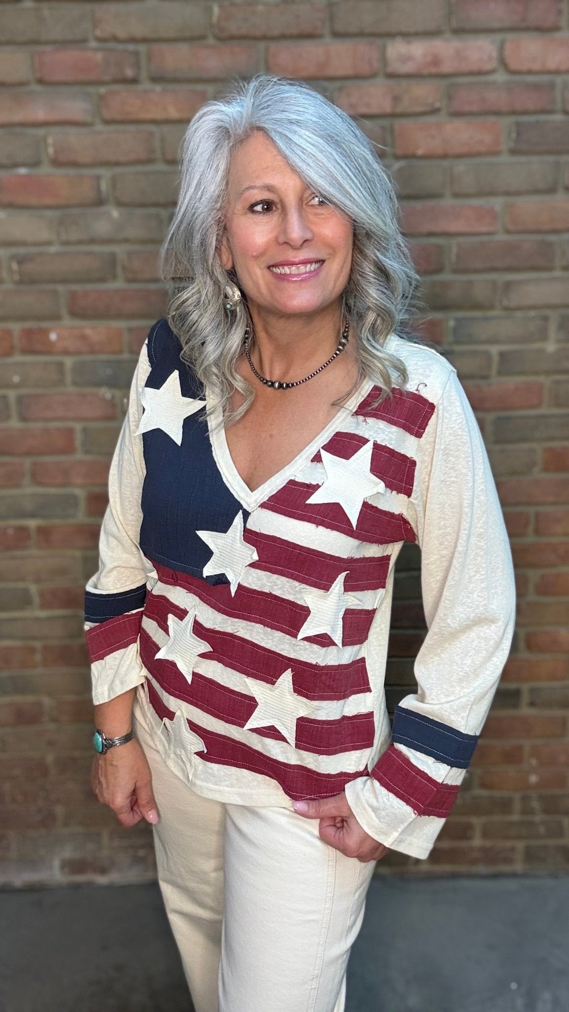 American Flag V - Neck Long Sleeve Top - Vintage Vault Boutique