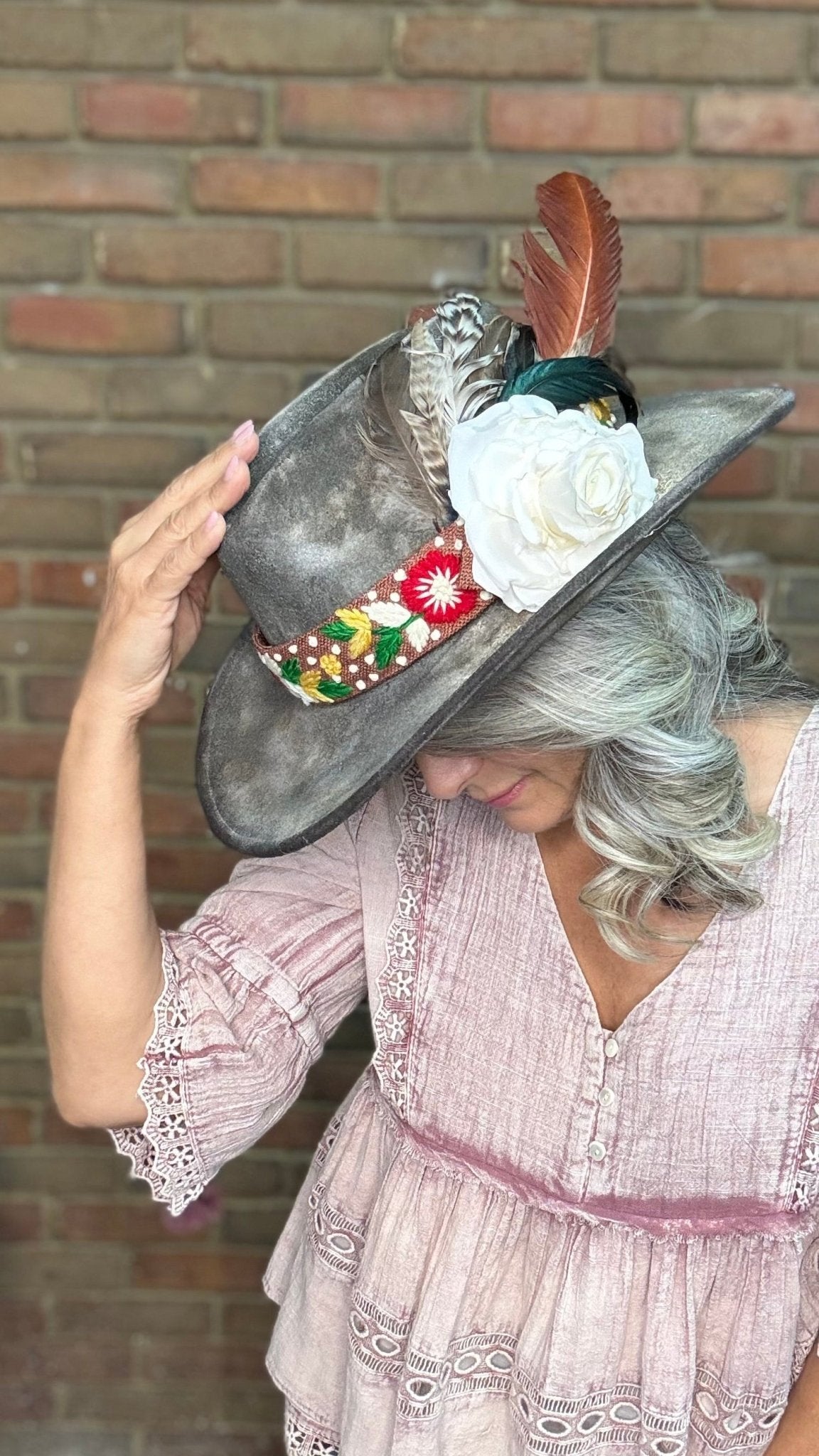 Gray Hat with Embroidery Band - A Rare Bird - Vintage Vault Boutique