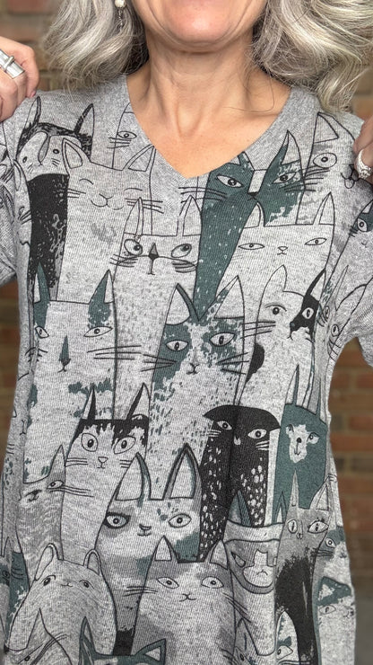 Cat Printed V-Neck Sweater