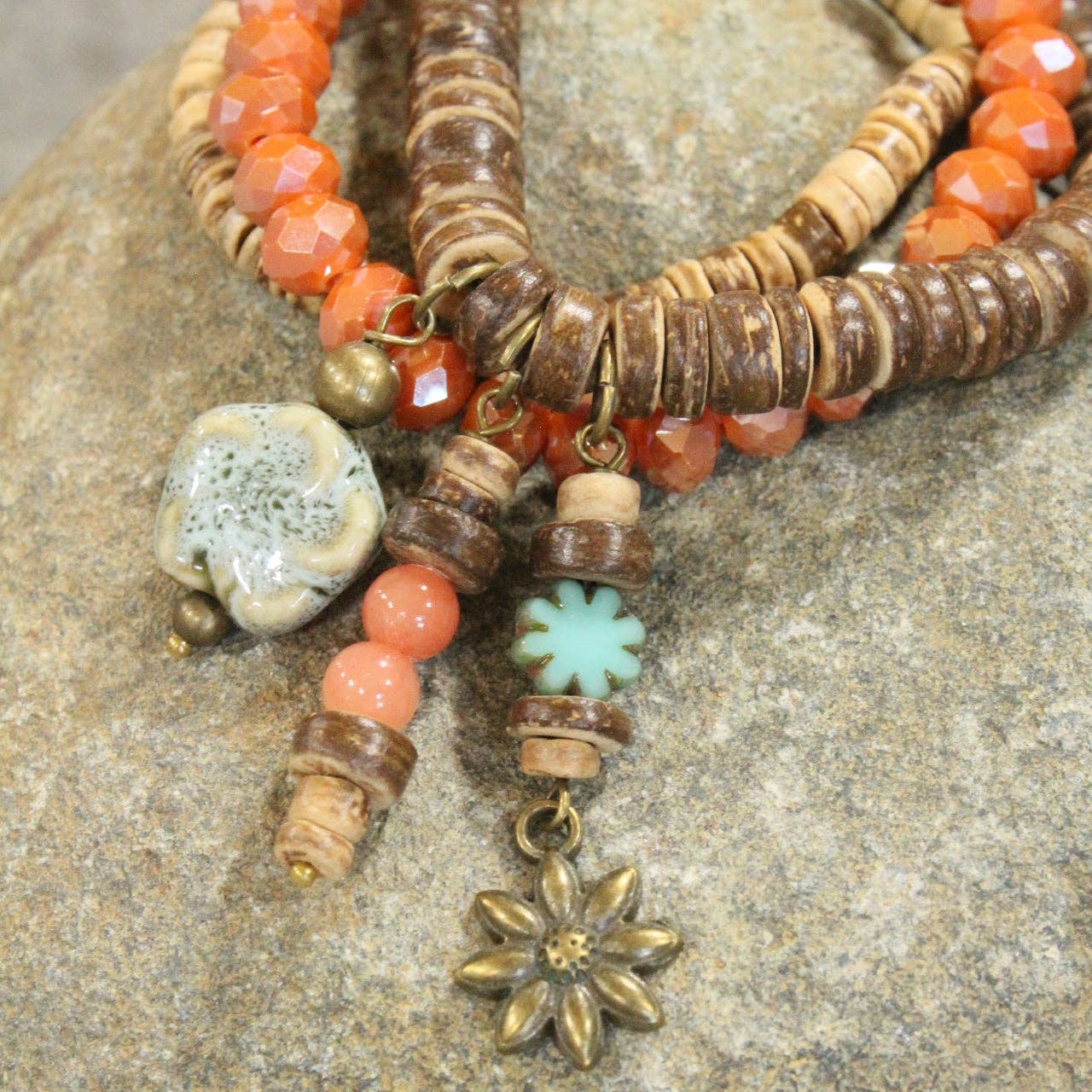 Flower &amp; Stone Drop Layered Bead &amp; Czech Stretch Bracelets - Vintage Vault Boutique
