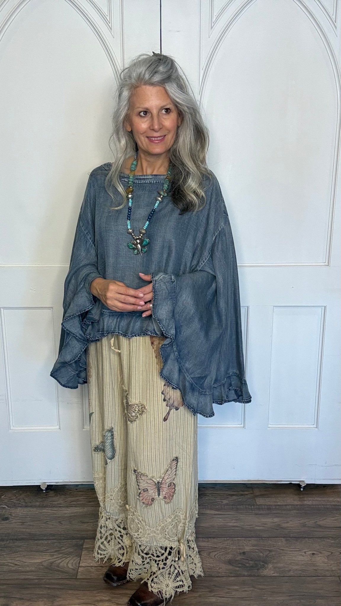 Blooming Grace Top -Chambray - Vintage Vault Boutique