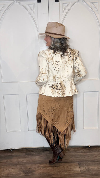 Camel Faux Suede Fringe Skirt