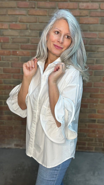 Double Ruffle Sleeve White Shirt - Vintage Vault Boutique