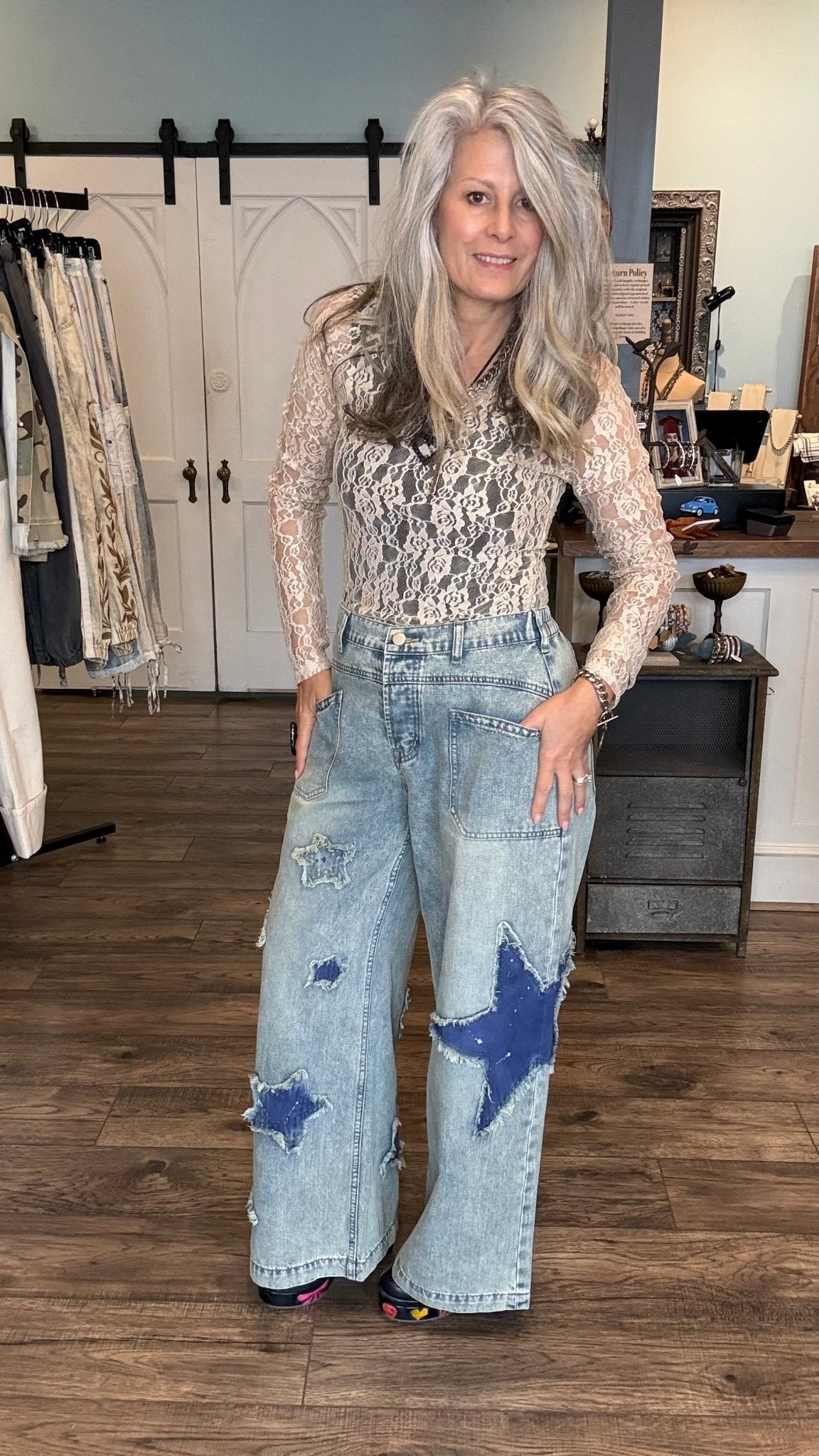 Star and Moon Wide Leg Denim Pants - Vintage Vault Boutique