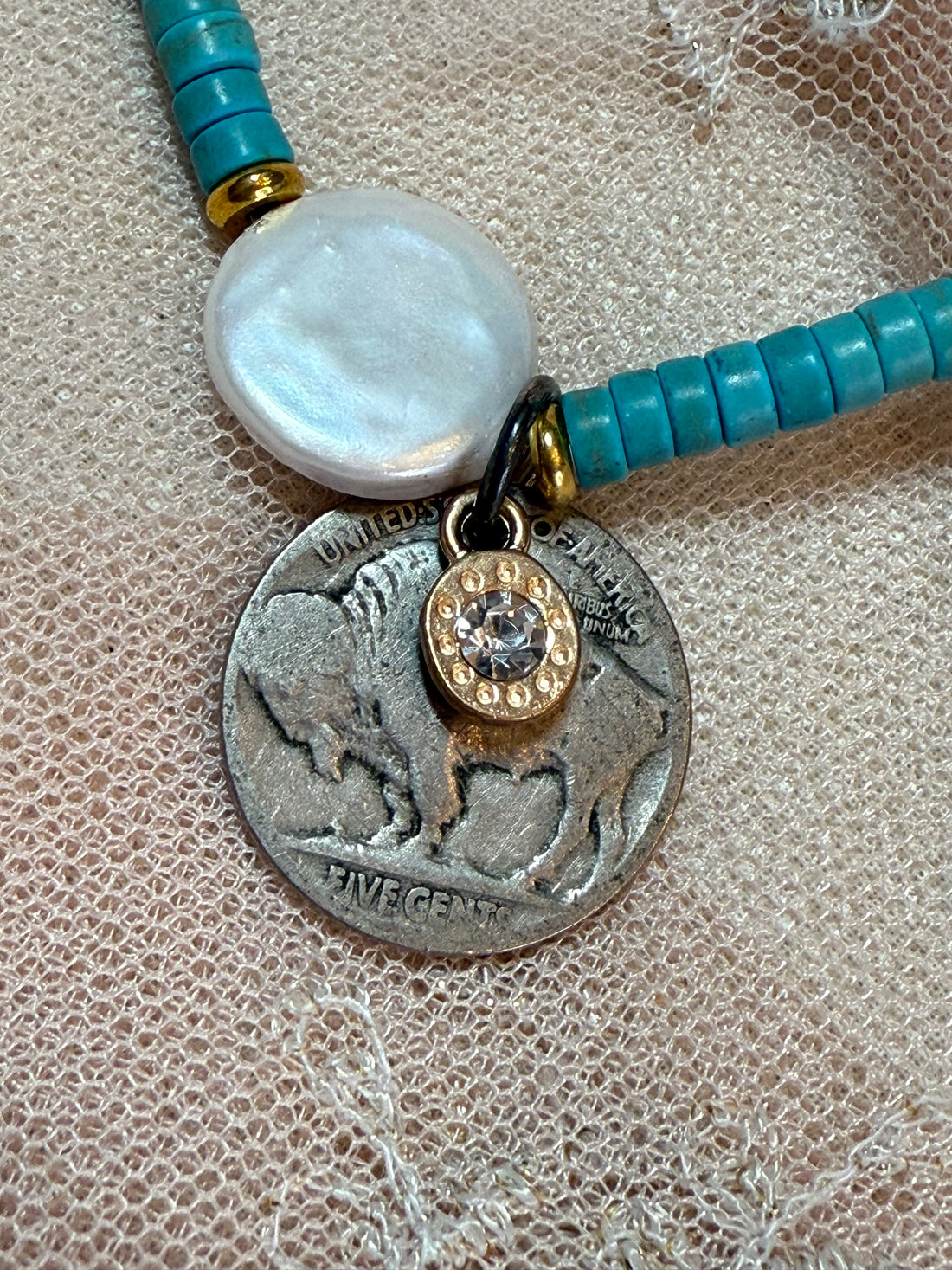 Turquoise Pearl and Buffalo Nickel Necklace