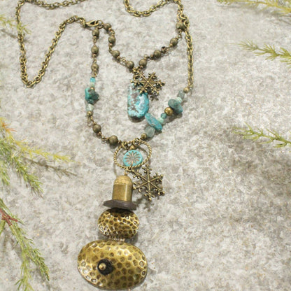 Bronze Top Hat Snowman Layered Pendant Necklace