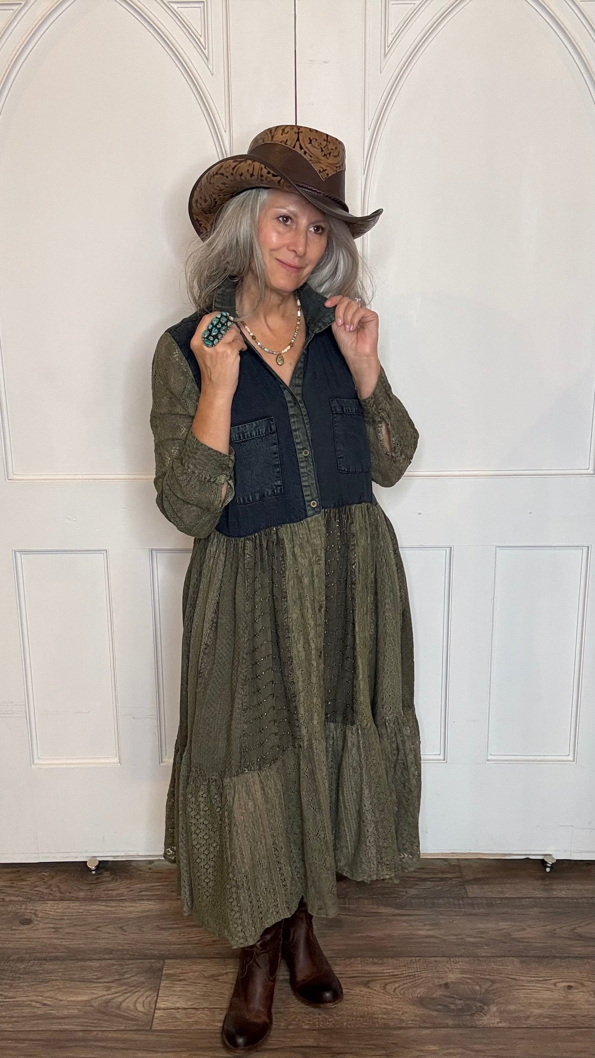 Button Front Patchwork Dress