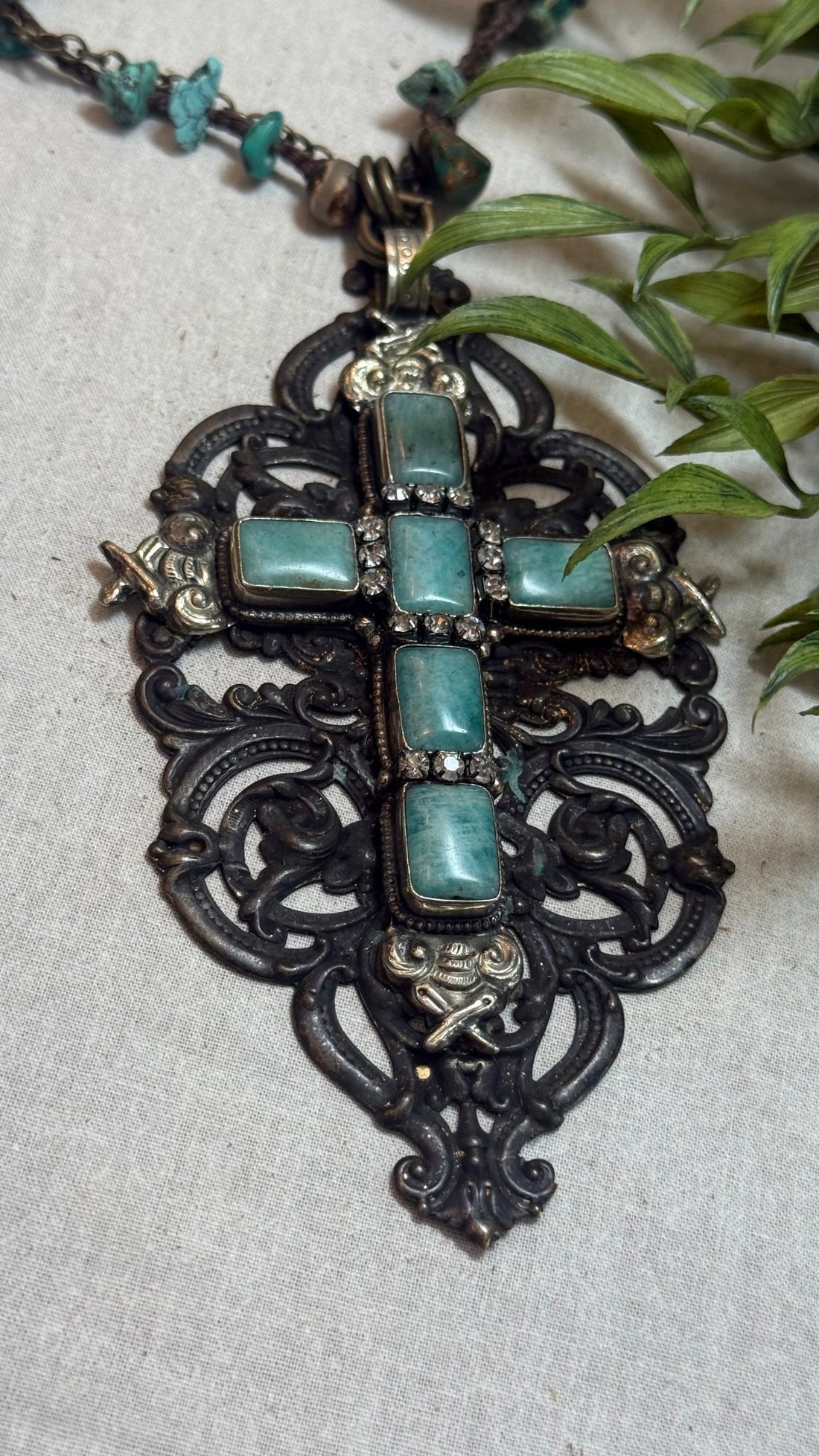 Large Stone Cross on Mixed Media Necklace - Vintage Vault Boutique