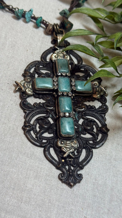Large Stone Cross on Mixed Media Necklace - Vintage Vault Boutique