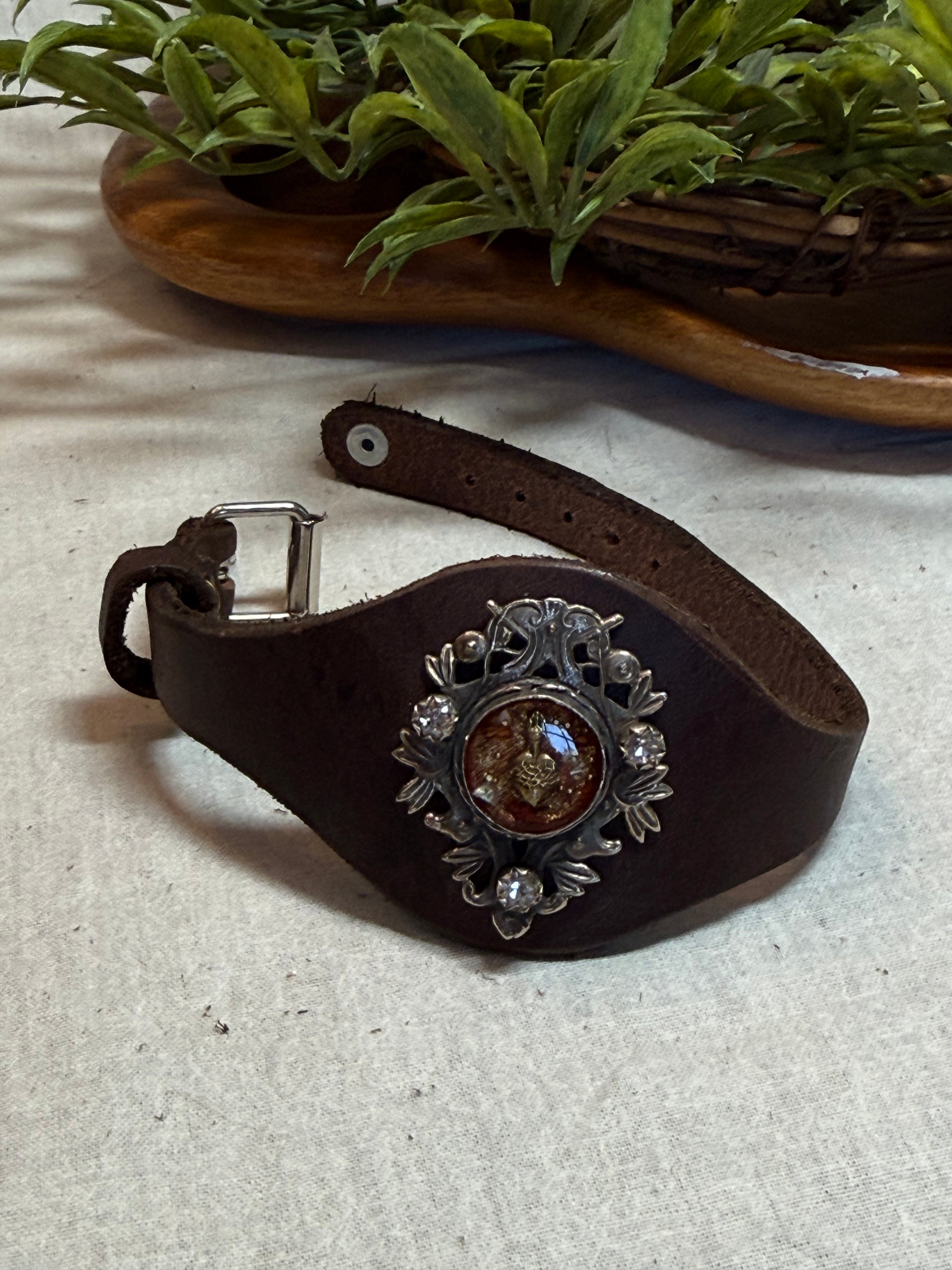 Red Sacred Heart on Leather Buckle Bracelet