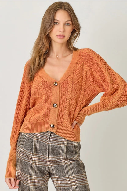 Washed Cable Knit Cardigan - Burnt Orange